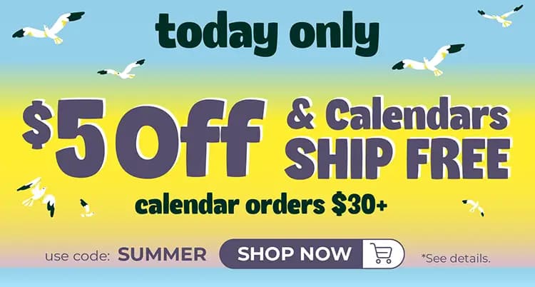Promo banner offering $5 off + free shipping on $30 calendar orders with code SUMMER