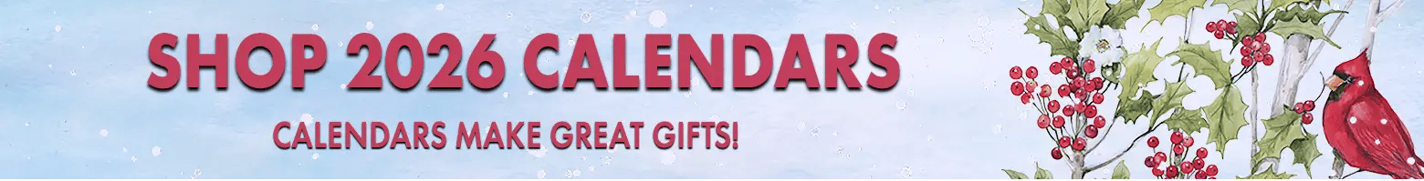 LANG 2026 calendars are here — start planning now! Festive holiday decorations with cardinal graphic, berries, and Shop Now button.