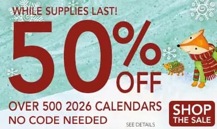 Promo banner offering 50% off on over 500 2026 calendars, no code needed.