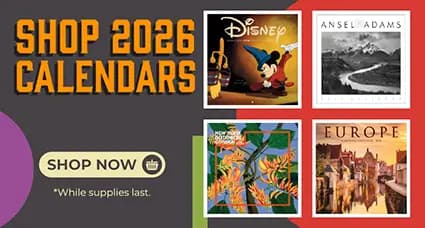 Shop 2026 calendars featuring Disney, National Parks, Charles Wysocki, Ansel Adams, Europe travel, Island Paradise, New York Botanical Garden, and Maxine themes – available now at Calendars.com.
