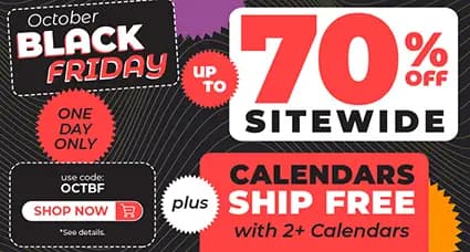 October Black Friday sale banner — one day only, up to 70% off sitewide plus free shipping on 2 or more calendars with code OCTBF.