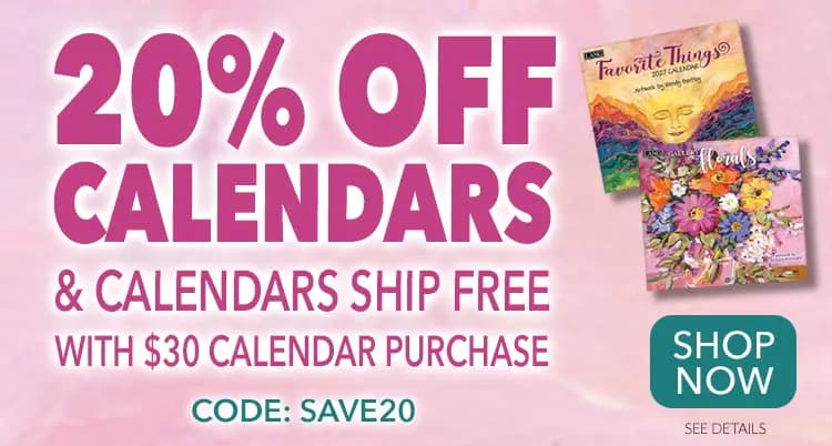 Promo banner offering 20% off calendars & calendars ship free on $30 or more orders with code: SAVE20