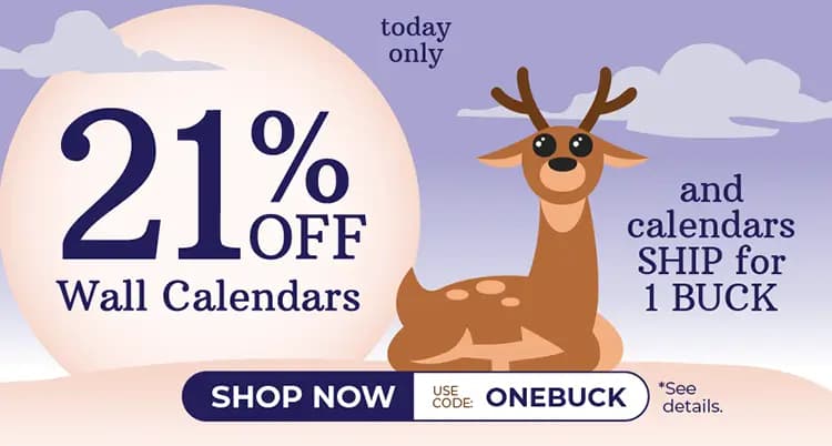 Promo banner offering 21% off wall calendars with code ONEBUCK.