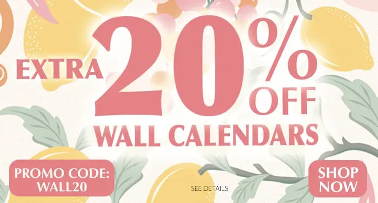 Promo banner offering 20% off wall calendars with code: WALL20