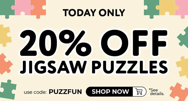 Promotional banner offering 20% off Jigsaw puzzles with code PUZZFUN – Shop Now