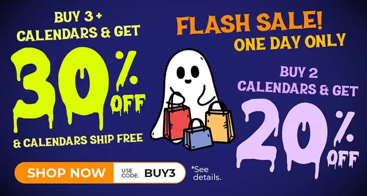 Promo banner offering a deal; buy 3 calendars get 30% off with free shipping, buy 2 calendars, get 20% off with code BUY3