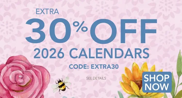 Promo banner offering extra 30% off 2026 calendars, with code EXTRA30.