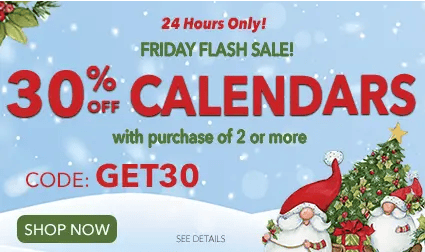 Holiday banner showing 30% off calendars with the purchase of 2 or more using code GET30 and a shop now button.