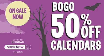 Halloween sale banner — buy one get one 50% off calendars, spooky purple design with bats and trees, use code BOGO4U.