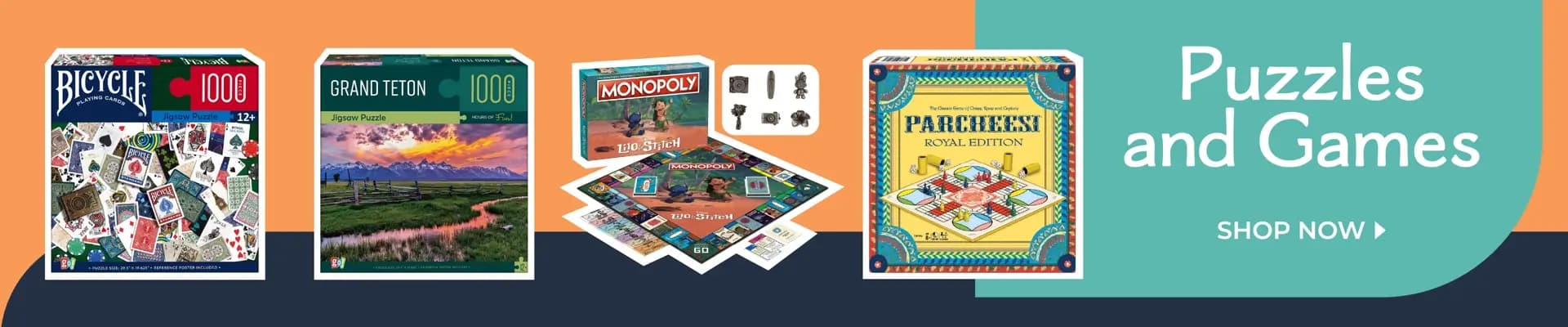 Shop puzzles and games — from 1000-piece jigsaws to Monopoly and Parcheesi classics for family fun.