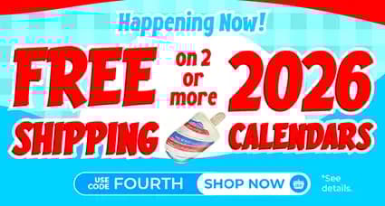 Free shipping on two or more 2026 calendars — use promo code FOURTH, limited-time summer offer with popsicle graphics.