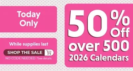 Promo banner offering 50% off on over 500 2026 calendars, no code needed.