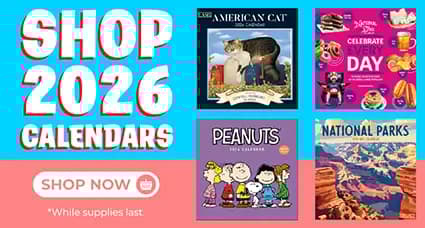 Shop 2026 calendars featuring fun, family, pet, art, food, nature, and space themes — including Sandra Boynton, Charles Wysocki, Hubble, and more.
