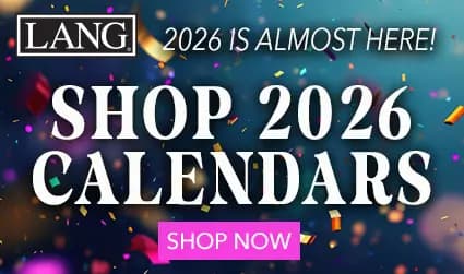 LANG 2026 calendars are here — start planning now! Colorful confetti background with a bold announcement and Shop Now button.