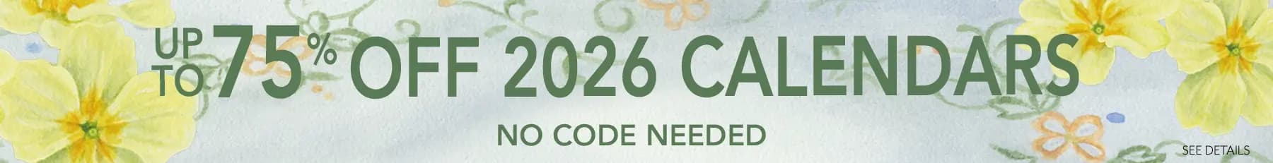 Promo banner offering up to 75% off all 2026 calendars, no code needed.