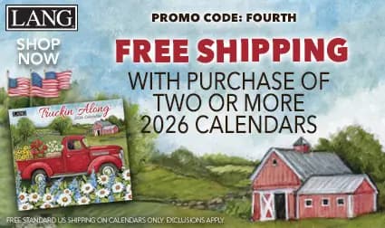 LANG 2026 Truckin’ Along calendar with vintage red truck and barn artwork — free shipping on two or more calendars with promo code FOURTH.
