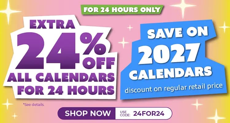 Promo banner offering extra 24% off all calendars for 24 hours including 2027 calendars with code: 24FOR24