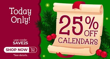 Holiday banner showing 25% off calendars, with code SAVE25 and a shop now button.