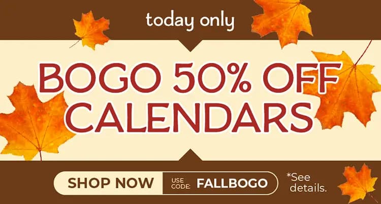 Promo banner offering buy one calendar and get one 50% off with code FALLBOGO