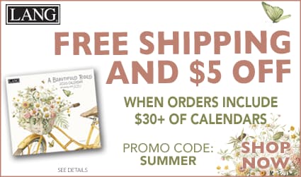 Spend $30+ Calendars and Get Free Shipping and $5 Off! Use Code SUMMER. Shop now button included. 