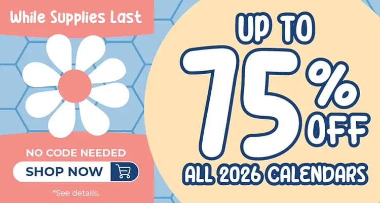 Promo banner offering up to 75% off all 2026 calendars, no code needed.