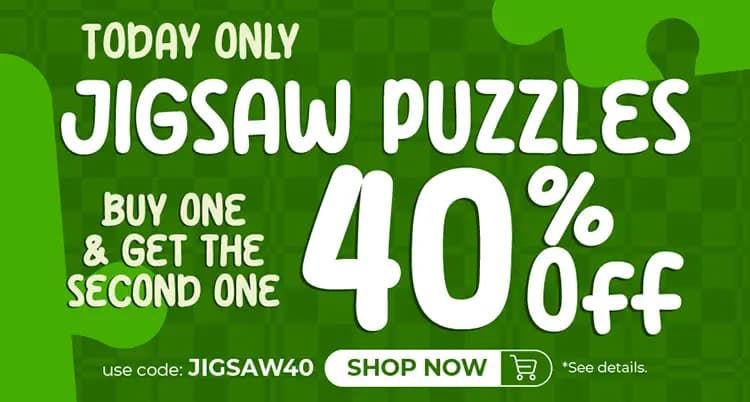 Promotional banner offering a buy one get one 40% off deal for Puzzles with code JIGSAW40 - Shop Now