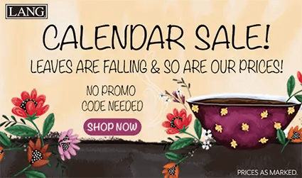 Lang calendar sale banner with floral art and coffee cup — leaves are falling and so are prices. Shop discounted 2026 calendars, no promo code needed.