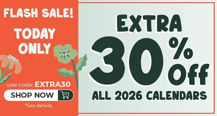 Promo banner offering an extra 30% off all 2026 calendars, with code: EXTRA30.