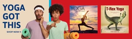 Stretch, Smile, Repeat - Shop Now. Featuring images of people practicing yoga with Yoga Cats, Yoga, and T-Rex Yoga calendars.