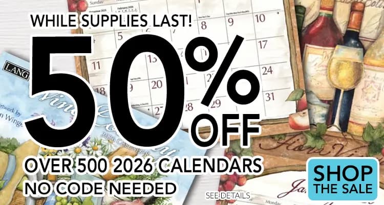 Promo banner offering 50% off on over 500 2026 calendars, no code needed.