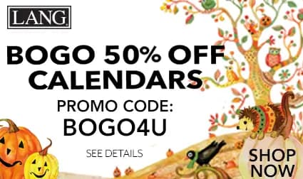 Halloween sale banner — buy one get one 50% off calendars, spooky Halloween design with pumpkins, birds, hedgehogs, and trees, use code BOGO4U.