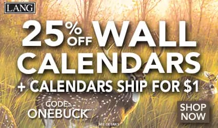 One day only banner with realistic illustration of wild deer in a field of grass — 25% off wall calendars plus $1 shipping with code ONEBUCK.