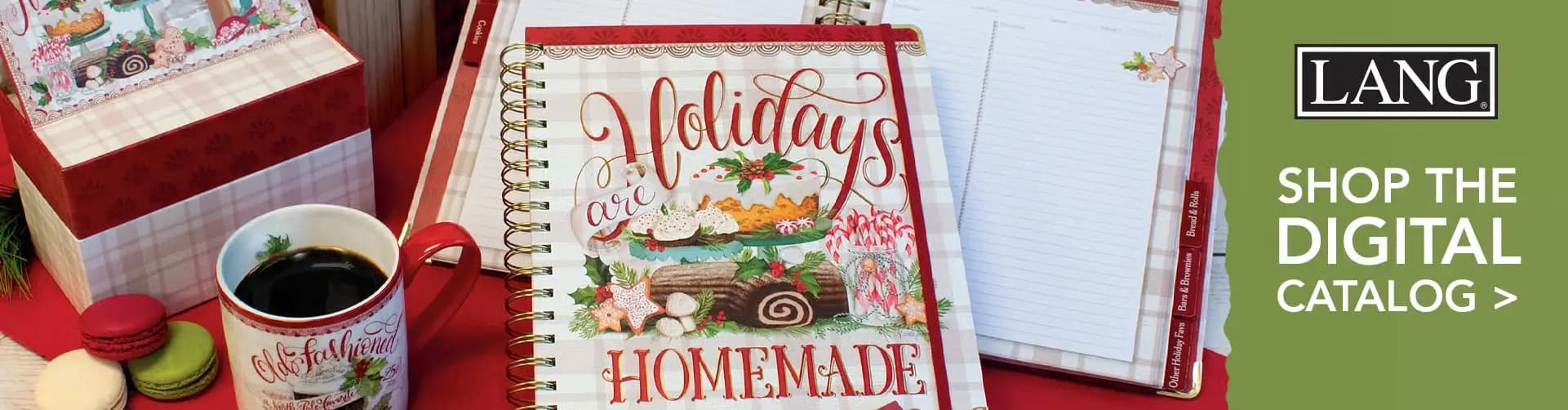 Holiday baking scene featuring a LANG recipe book that says 