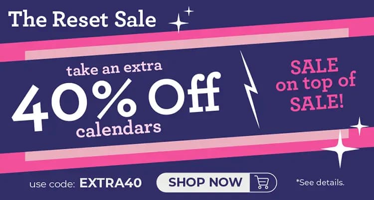 Promo banner offering an extra 40% off on calendars, with promo code EXTRA40.