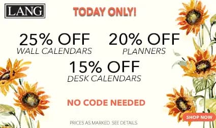 Today only LANG sale with 25% off wall calendars, 20% off planners, and 15% off desk calendars, no code needed.