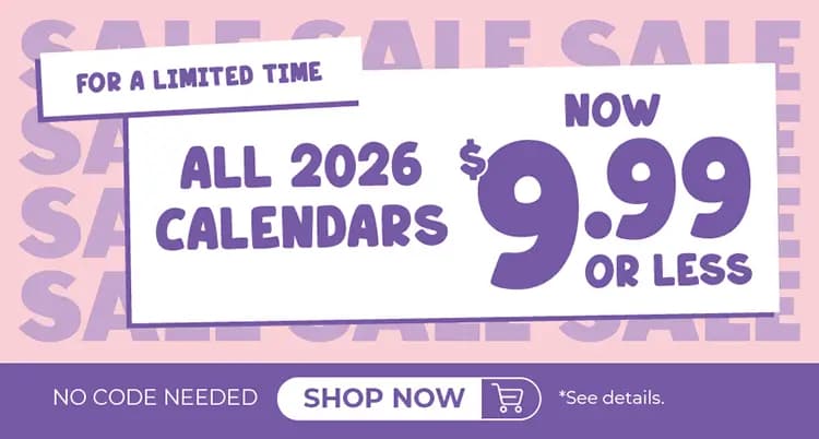 Promo banner offering all 2026 calendars now $9.99 or less, no code needed.