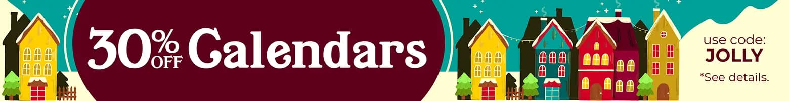 Holiday banner showing 30% off calendars, with code JOLLY and a shop now button.