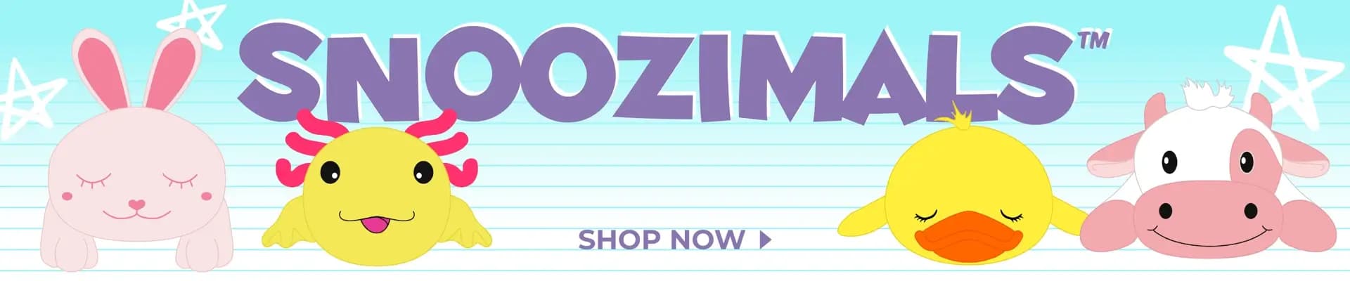 Snoozimals plush animals including a bunny, axolotl, duck, and cow on a light blue background – Shop Now