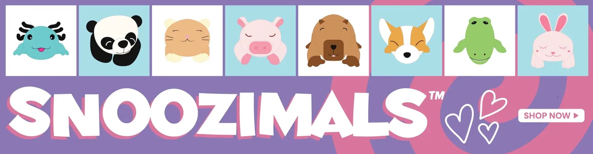 Snoozimals plush toys collection featuring adorable stuffed animals including panda, corgi, bunny, and more - Shop Now
