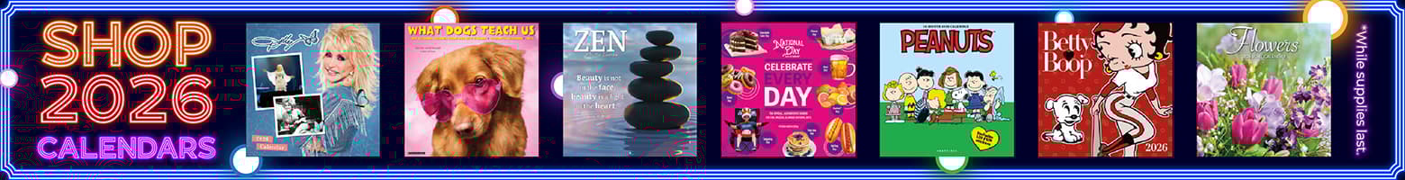 Shop 2026 calendars featuring Betty Boop, Dolly Parton, Peanuts, Aunty Acid, and more. Browse popular wall calendars, family organizers, inspirational picks, and cute animal themes. Click to shop now while supplies last.