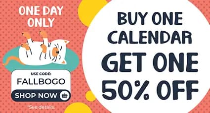 One day only calendar sale banner with playful cat illustration — buy one 2026 calendar, get one 50% off. Use code FALLBOGO to shop now.