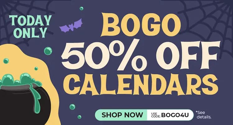 Promo banner offering buy one calendar get one 50% off with code: BOG4U.