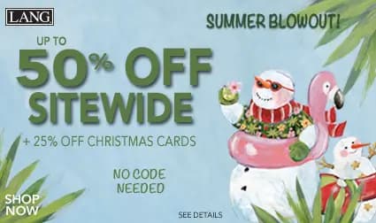 Summer blowout sale banner with up to 50% off sitewide and 25% off Christmas cards, no code needed, featuring tropical snowman illustration.