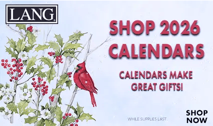 LANG 2026 calendars are here — start planning now! Festive holiday decorations with cardinal graphic, berries, and Shop Now button.