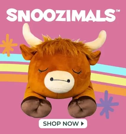Snoozimals plush animals including a bunny, axolotl, duck, and cow on a light blue background – Shop Now