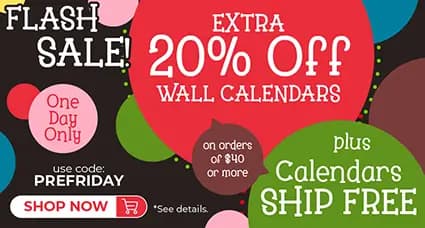 Colorful flash sale banner advertising extra 20% off wall calendars and free shipping on orders of $40 or more.