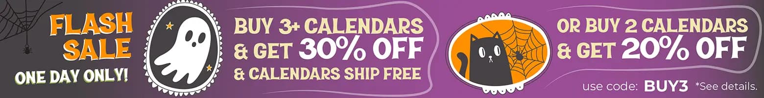 Halloween flash sale banner with ghost and black cat illustrations — buy 3 calendars for 30% off with free shipping or buy 2 calendars for 20% off using code BUY3.
