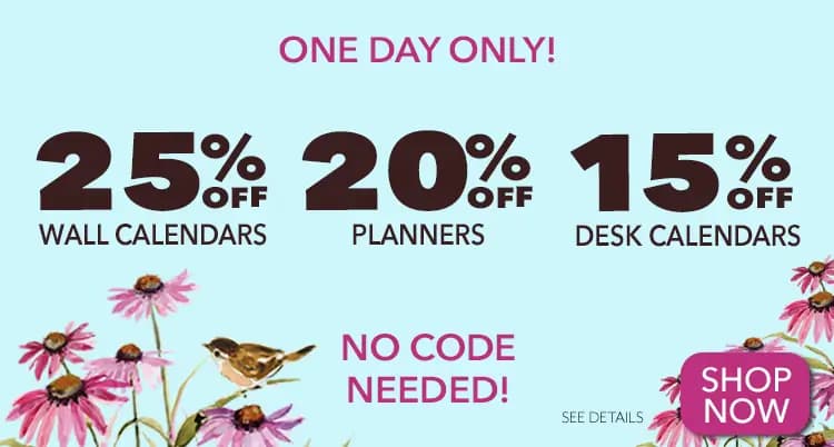 Promo banner offering 25% off 2027 wall calendars, 20% off 2027 Planners, and 15% off 2027 Desk Calendars. No code needed.