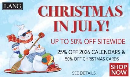 LANG Christmas in July sale — up to 50% off sitewide, including 25% off 2026 calendars and 50% off Christmas cards; features snowmen sledding on a beach.