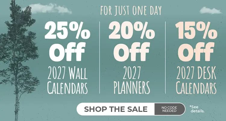 Promo banner offering 25% off 2027 wall calendars, 20% off 2027 Planners, and 15% off 2027 Desk Calendars. No code needed.